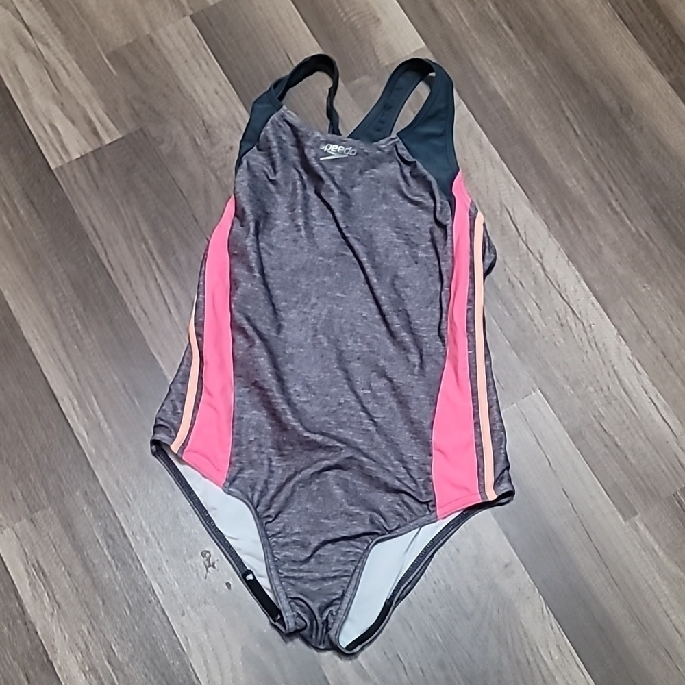 Speedo Razorback One Piece Swimsuit Pink/ Gray Girls Size 14